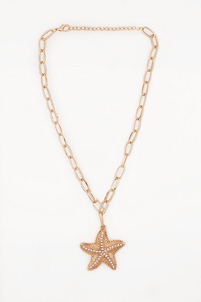 FORIVIA ACCESSORIES Gold Crystal Stone Starfish Necklace