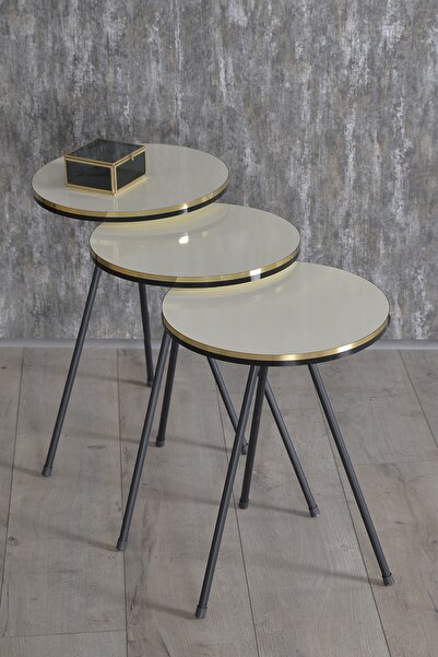 GOLDFALEZ Zigon Sehpa Siyah Metal Ayak Çift Altın Krem