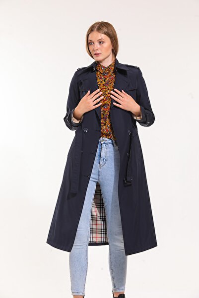 Bigart معطف واقٍ من المطر مبطن بصفين من الصدر وطويل فوق الركبة باللون الأزرق ...