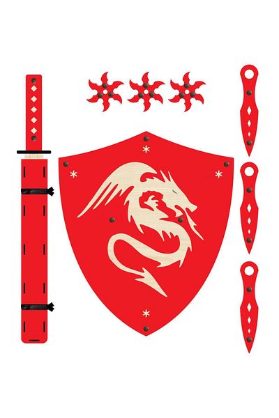 Ahtek Wooden Samurai Set 4 Pieces, Shield + Katana Sword + Ninja Star Kohga + Throwing Knife Kunai Red