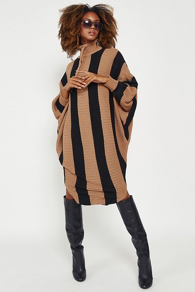 Hopoi Γυναικείο πλεκτό Poncho Black-Camel ριγέ