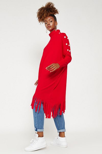 Hopoi Women's Red Tasseled Poncho Cck9812