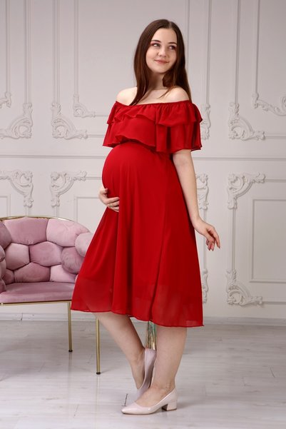 Azra Style Women's Maternity Red Carmen Collar Chiffon Belted Dress through the Shoulder