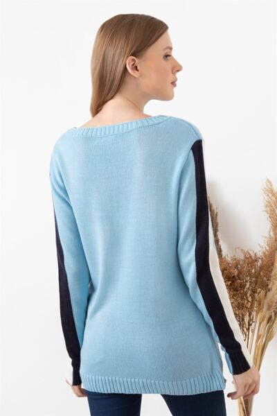 AQE FASHION Pulover de damă, albastru baby, cu dungi cu gât