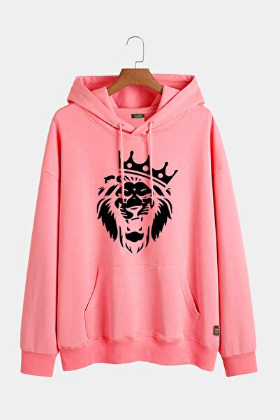 VEAVEN Unisex Pembe Kapüşonlu Aslan Baskılı Slim Fit Kanguru Cepli Sweatshirt