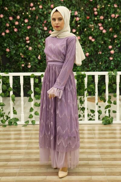 Feiza Collection Dantel Detaylı Tesettür Elbise - Lila