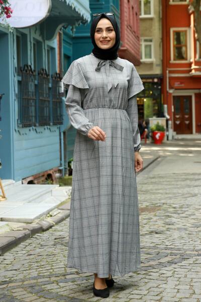 Feiza Collection Ekose Desenli Tesettür Elbise - Lacivert