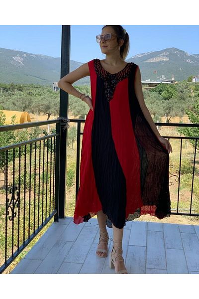 Sosyete Kaplumbağa Women's Red Authentic Voile Cotton Ikirenk Strap V-collar Asymmetrical Maxi Dress