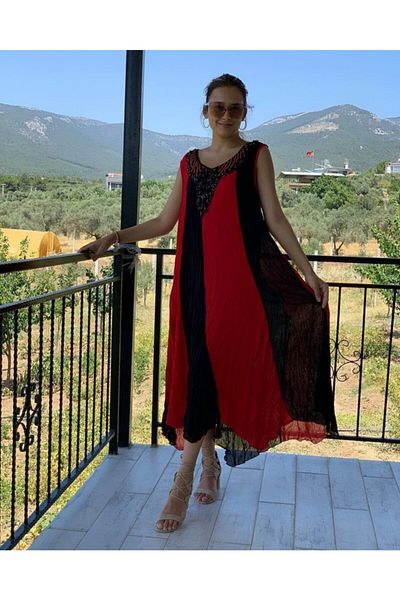 Sosyete Kaplumbağa Women's Red Authentic Voile Cotton Ikirenk Strap V-collar Asymmetrical Maxi Dress