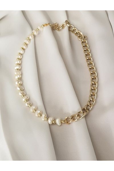 fullcontrol Women's Design Baroque Pearl Gold Chain Detailed Pearl Necklace