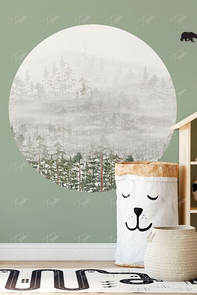 TUGİBU Αυτοκόλλητο τοίχου Foggy Forest Round Circle
