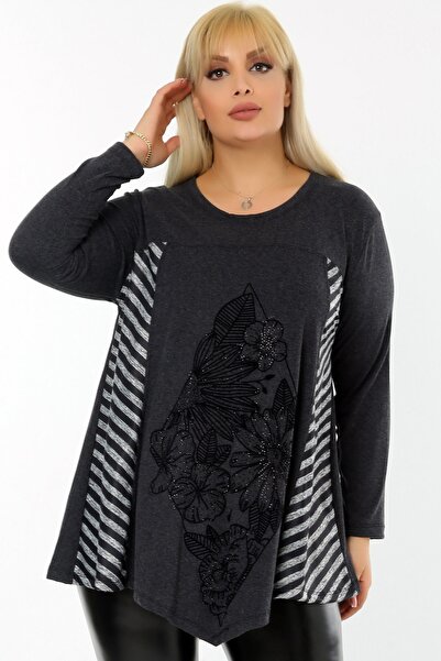 Kheos Asymmetrical Blocked Front Floral Stone Printed Long Sleeve Flowy Blouse