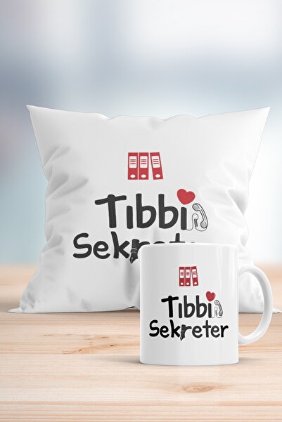 WixelArt Tıbbi Sekreter Baskılı Hediyelik Yastık Ve Kupa Seti