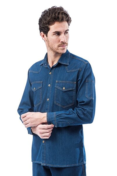 mavi yaka قميص عمل جينز جينز جينز بأكمام طويلة