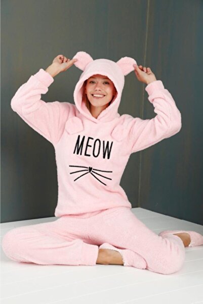 Pijamoni Wellsoft Peluş Kapşonlu Meow Pijama Takımı