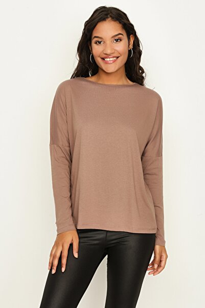 Select Moda Kadın Kahverengi Bisiklet Yaka Rahat Kesim Basic Body