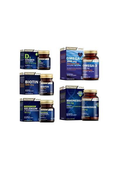 Nutraxin Omega 3 Fish Oil - 2000 Mg 60 Capsules + Biotin Vitamin D3 Selenium and Magnesium Supplement Set