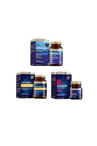 Nutraxin 60 Capsules with Omega 3 and Coq-10 Coenzyme + Vitamin Max 60 Tablets + Vitamin B12 Dilated