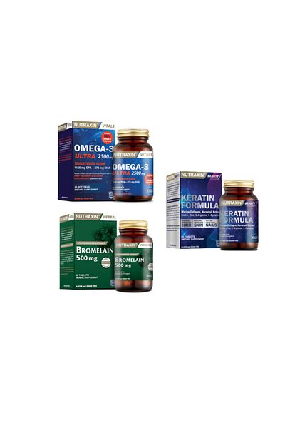 Nutraxin Omega 3Ultra- 2500MgFish Oil,Bromelain60 Capsules andKeratinFormula 60 Tablets