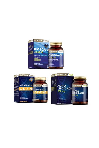 Nutraxin 60 Capsules with Omega 3 and Coq-10 Coenzyme + Vitamin Max (C,D,Zinc) 60 Tablets + Alpha Lipoic Acid 60 Tablets