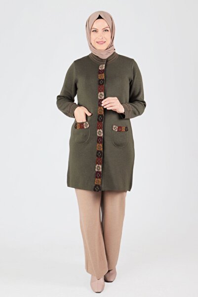 behrem Büyük Beden Tesettür Triko Ceket 9203 Haki