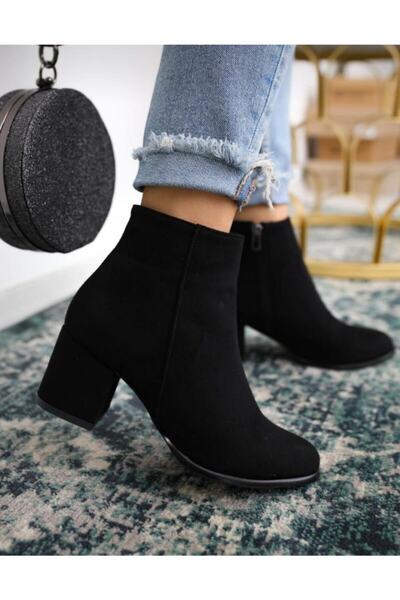 BY MAY SHOES Topuklu Düz Siyah Süet Bot Ayakkabı