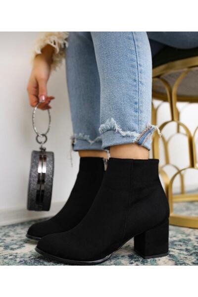 BY MAY SHOES Topuklu Düz Siyah Süet Bot Ayakkabı