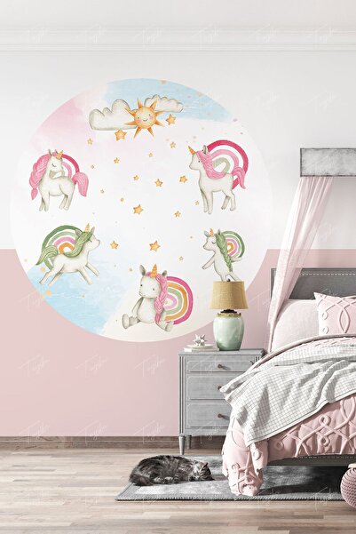 TUGİBU Unicorn Gökkuşağı Yuvarlak Daire Duvar Stickeri