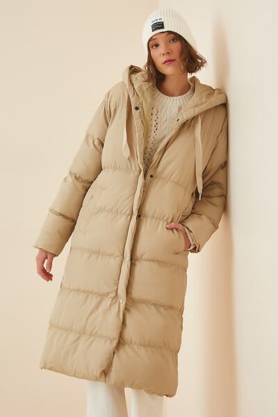 Happiness İstanbul Dámský krémový oversize puffer kabát s kapucí FD00005