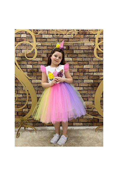 Mashotrend Taçlı Renkli Tüllü Unicorn Kostümü - Unicorn Kız Çocuk Elbisesi - ...