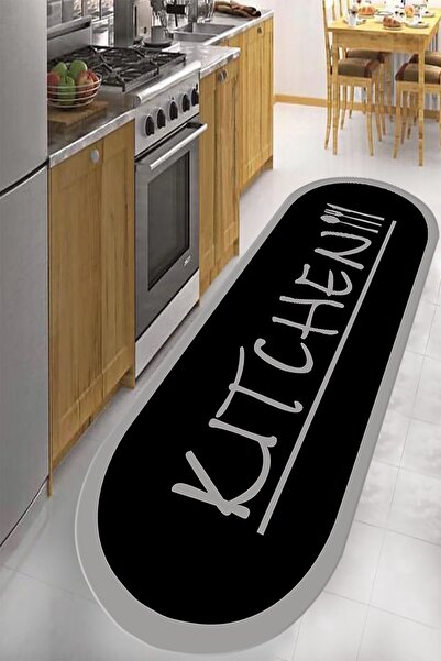 Bely Home Dijital Baskılı Kaymaz Taban Yıkanabilir Içi Siyah Gri Kıtchen Yazı...