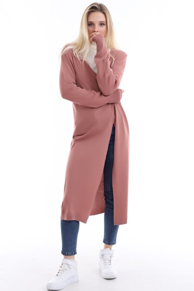 Matte Women's Pink V-Neck Long Knitwear Cardigan