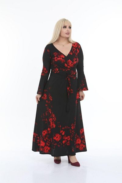 Mezura Γυναικείο Plus Size Φθινοπωρινό/χειμωνιάτικο Μακρύ Φόρεμα με Διπλό Γιακά Flounce Crepe Ύφασμα Κατάλληλο για Hijab
