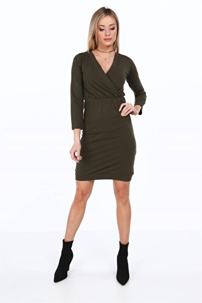 fasardi Beli Büzgülü Kruvaze Yaka Midi Elbise