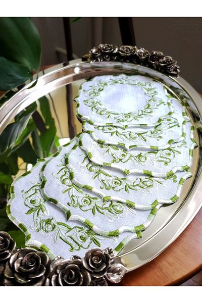 Tanem Home Imported Linen Fabric Embroidered Stain Resistant Coasters Set of 6 Green