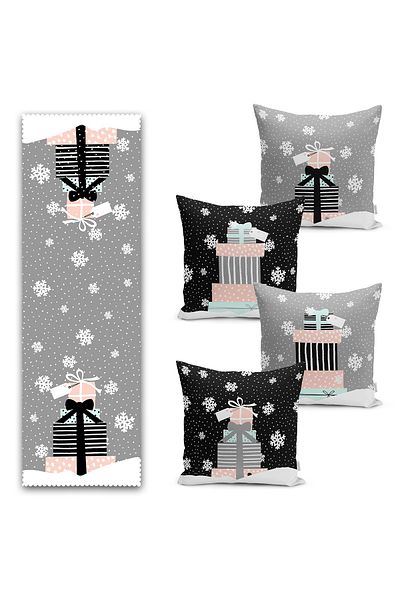 Realhomes Pachete de cadouri de Crăciun gri și negru Design special 4 perne de aruncare 1 set de alergători