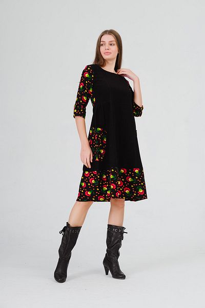 İna Rochie de iarnă cu garnitură florală de flanel simplu, lungime midi, cu manșetă