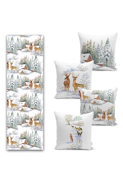 Realhomes Winter Themed Deer Detailed Tie House Concept 4 Throw Pillow 1 Runner Set