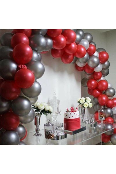 Party City 100 Pieces Metallic Red, Metallic White, Metallic Silver Gray and Balloon Chain