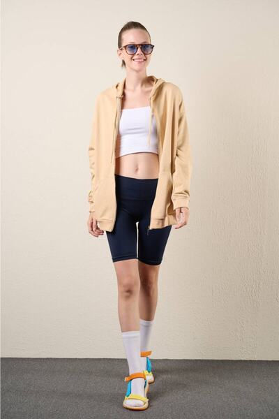 Modaliz Kadın Bej Kapüşonlu Fermuarlı Oversize Mevsimlik Sweatshirt