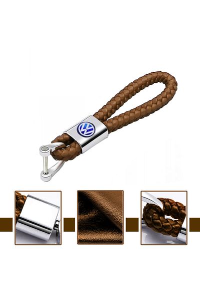 C9 Volkswagen Real Leather Braided Brown Keychain