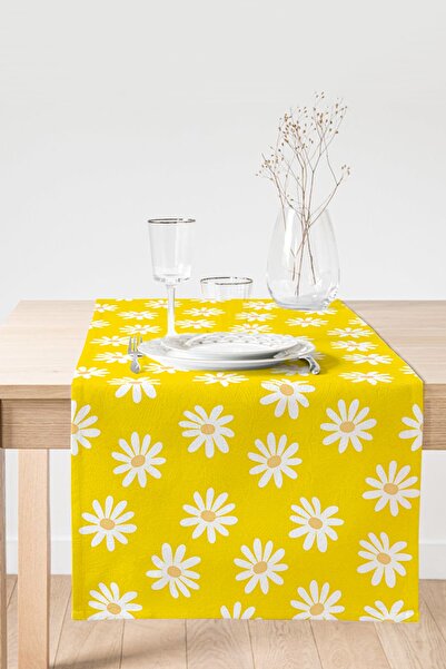 Realhomes Sarı Zemin Papatya Desenli Dijital Baskılı Dekoratif Süet Runner