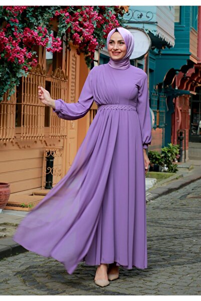 Feiza Collection Inci Kemerli Tesettür Elbise - Lila