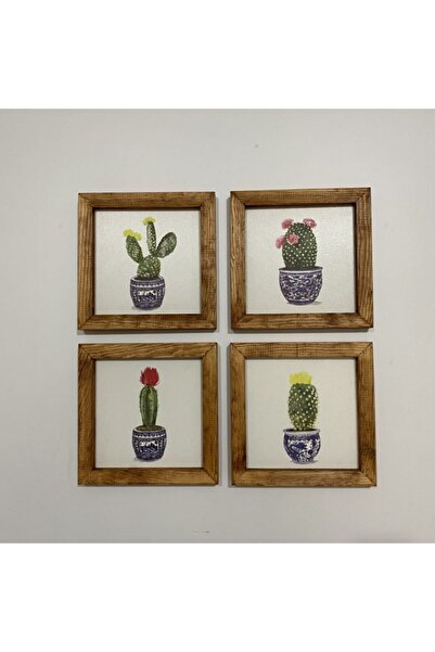 TrendTablom Çini Vazolu Kaktüs Desenli Ahşap Çerçeve Duvar Panosu