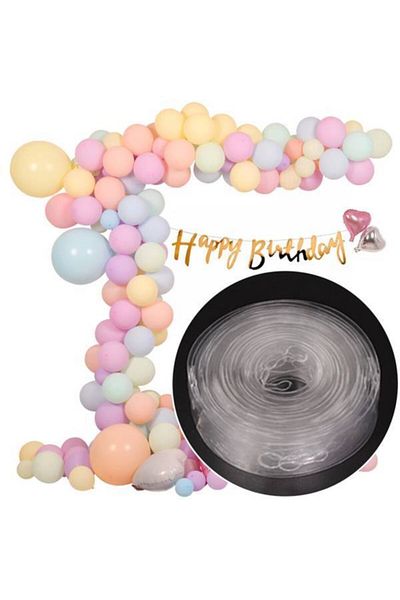 Çemrek Süs Parti Macaron Balloon Chain - 100 Balloons - Happy Birthday Text and Foil Heart Balloon Set