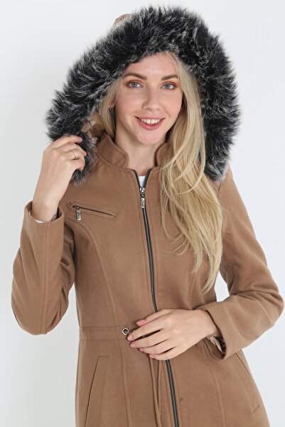 KMKkombin Women's Cashmere Stamp Hooded Fur Coat Coat