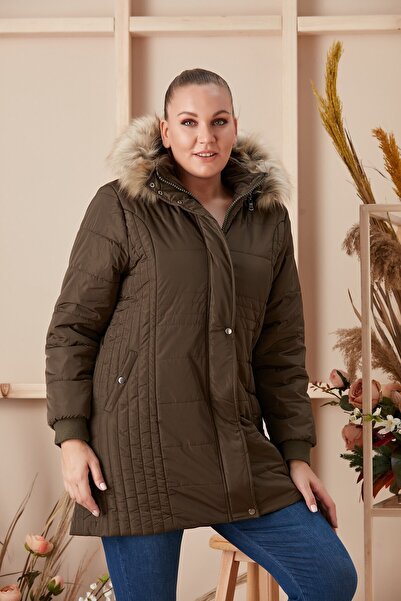 RMG Büyük Beden Kapşonlu Haki Kaban