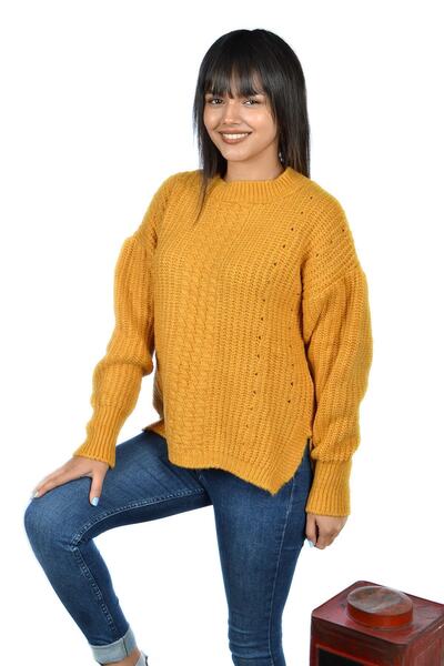 toptanhanem Γυναικείο μάλλινο πουλόβερ μουστάρδα με σκίσιμο στο πλάι