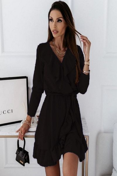 NKTCOLLECTİON Rochie neagră de damă, cu guler dublu, țesătură creponată, fuste detaliate, cu volane