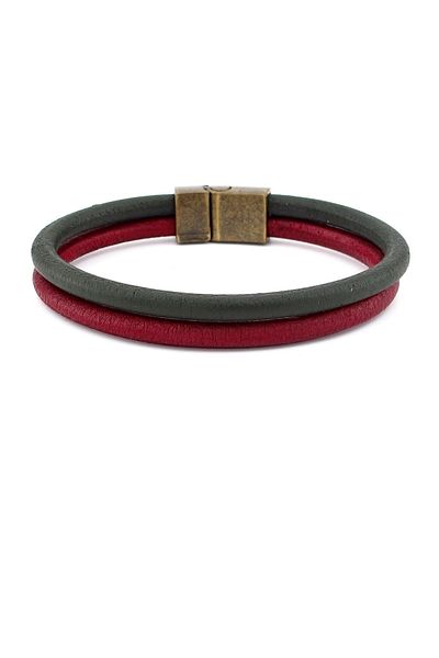 Solfera Burgundy Khaki Green Real Leather Metal Magnet Bracelet M016f
